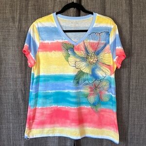 White stag rainbow striped short sleeve tshirt with flower and rhinestones XL